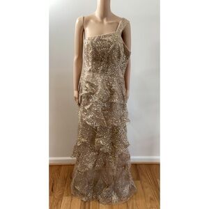 MARCHESA NOTTE GOLD GLITTER & BEADED TIERED DRESS